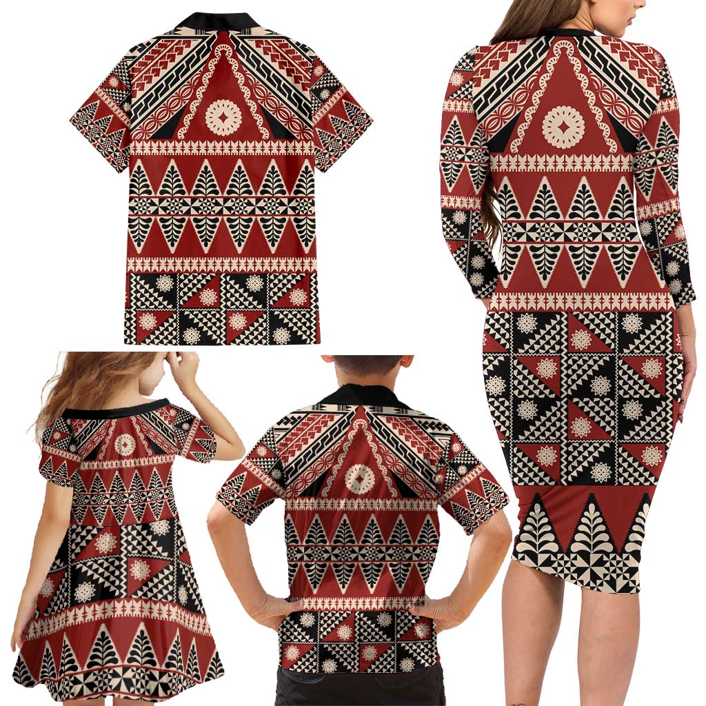 Vintage Bula Fiji Family Matching Long Sleeve Bodycon Dress and Hawaiian Shirt Red Tapa Masi Motif