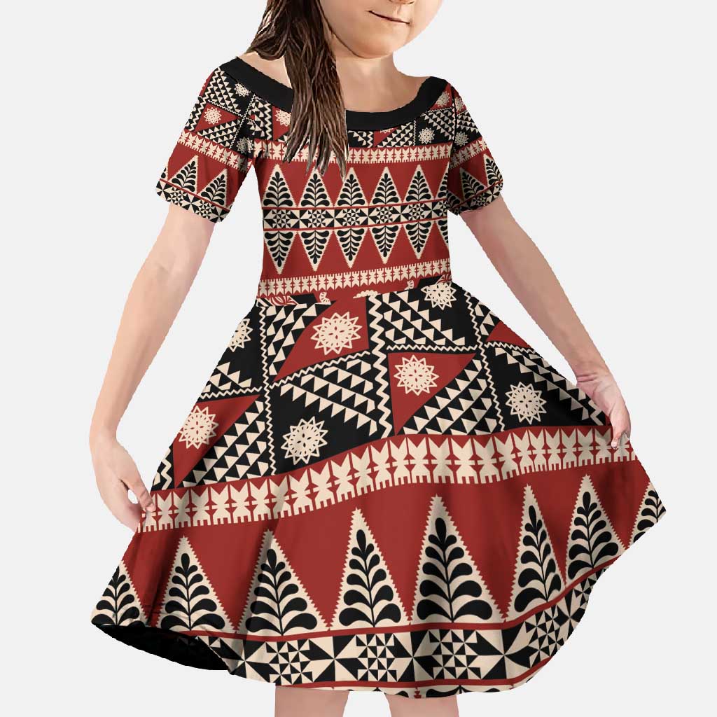 Vintage Bula Fiji Family Matching Mermaid Dress and Hawaiian Shirt Red Tapa Masi Motif