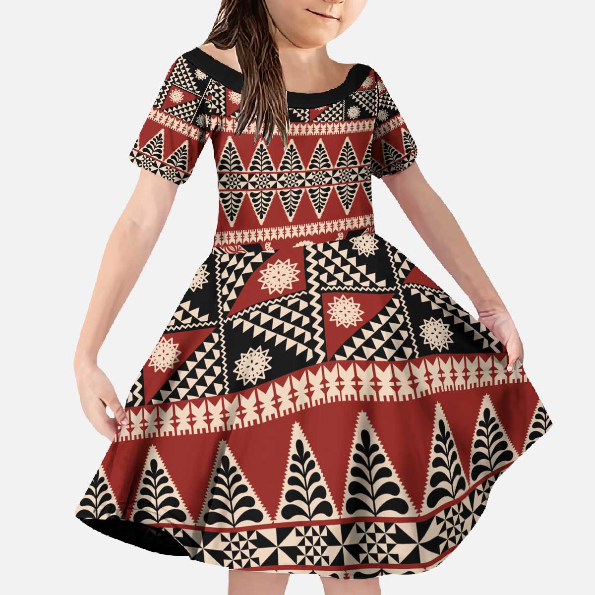 Vintage Bula Fiji Family Matching Off The Shoulder Long Sleeve Dress and Hawaiian Shirt Red Tapa Masi Motif