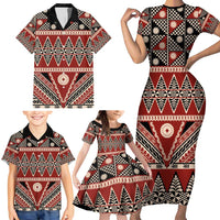Vintage Bula Fiji Family Matching Short Sleeve Bodycon Dress and Hawaiian Shirt Red Tapa Masi Motif