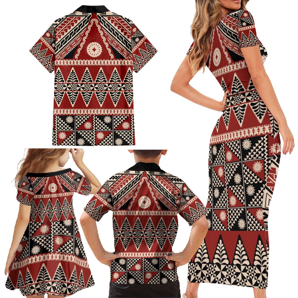 Vintage Bula Fiji Family Matching Short Sleeve Bodycon Dress and Hawaiian Shirt Red Tapa Masi Motif