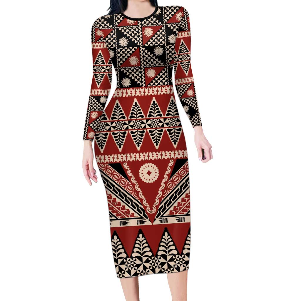 Vintage Bula Fiji Long Sleeve Bodycon Dress Red Tapa Masi Motif