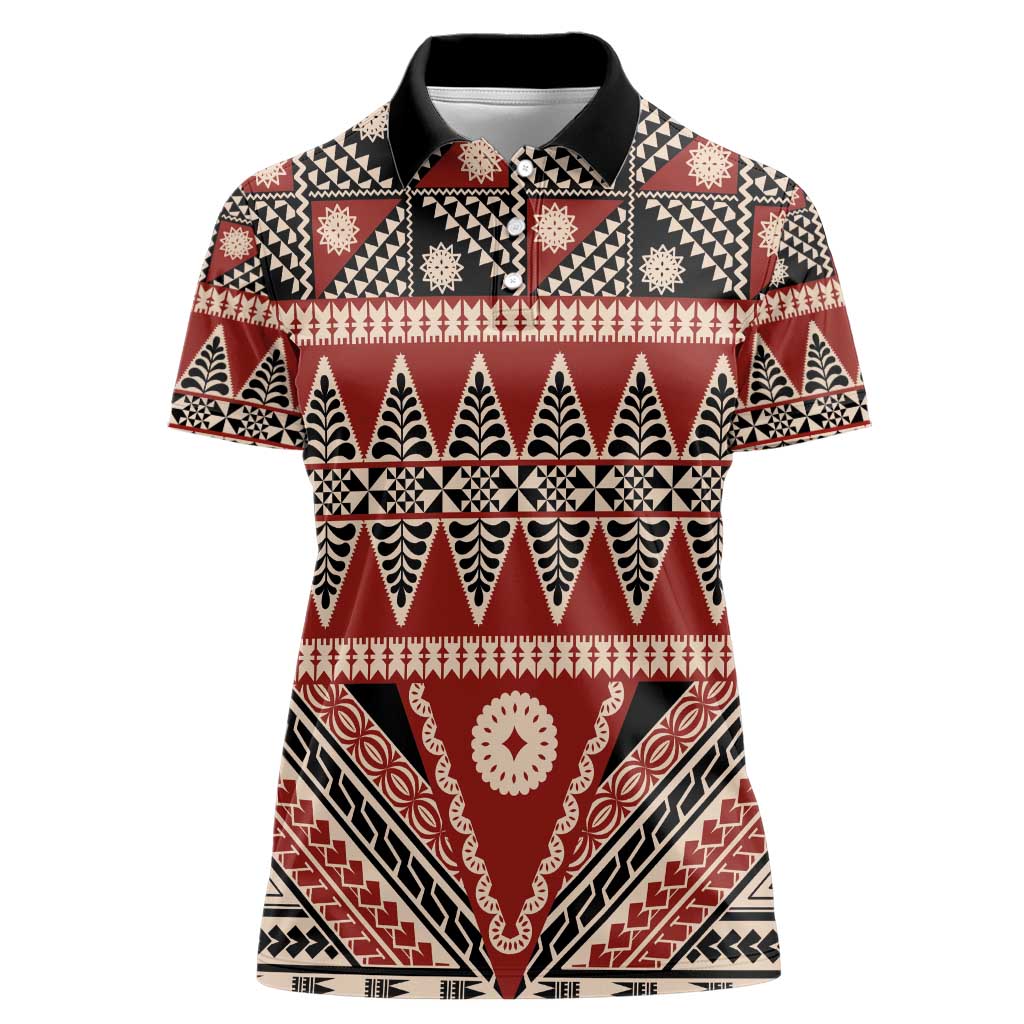 Vintage Bula Fiji Women Polo Shirt Red Tapa Masi Motif