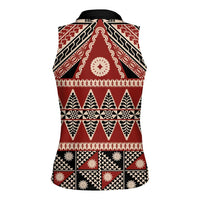 Vintage Bula Fiji Women Sleeveless Polo Shirt Red Tapa Masi Motif
