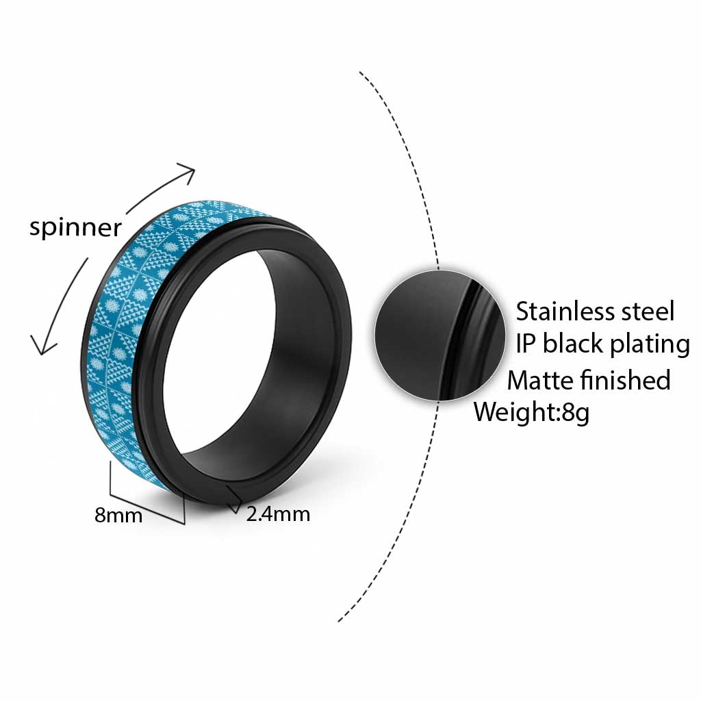 Vintage Bula Fiji Spinner Ring Blue Tapa Motif Traditional Island Masi - Polynesian Pride