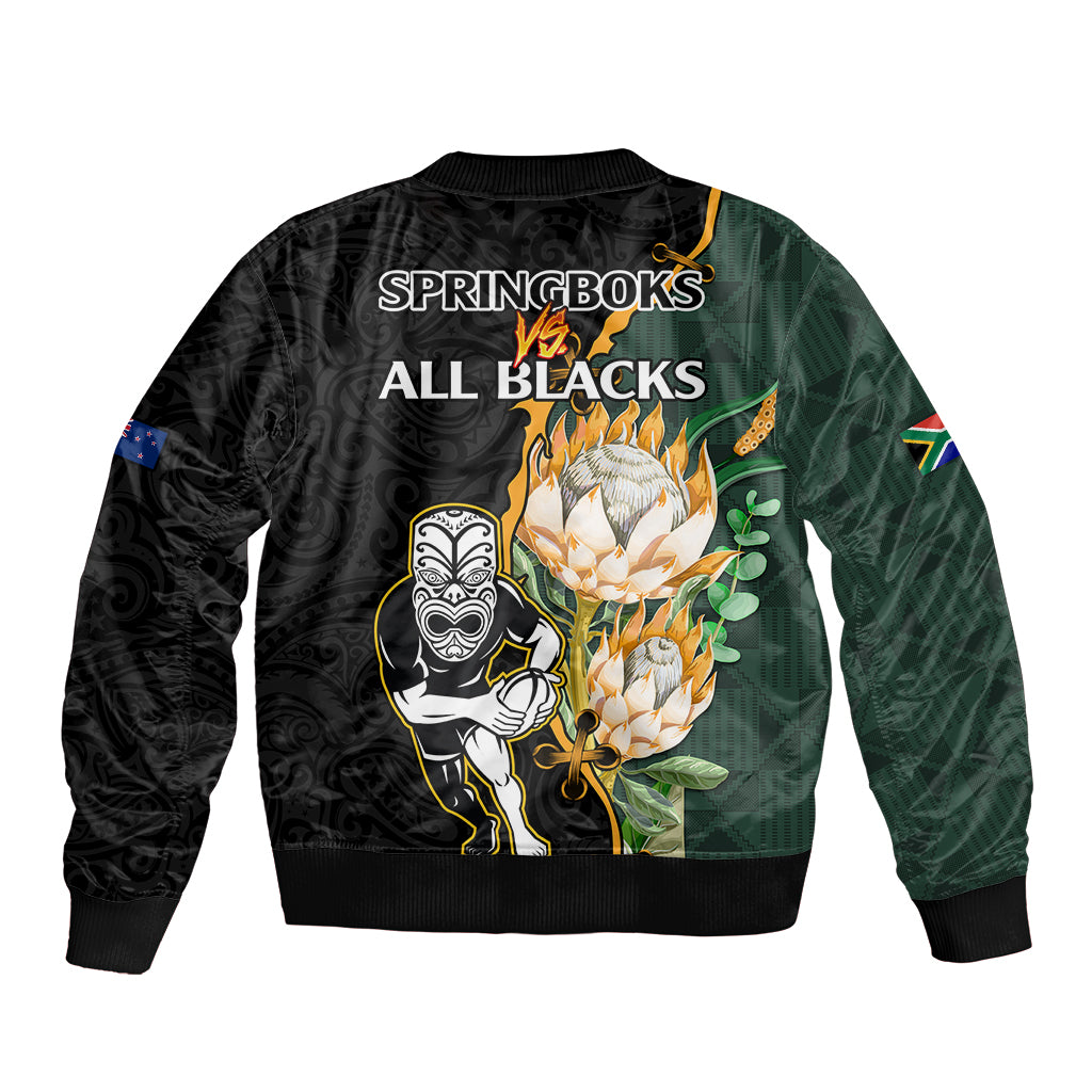South Africa Protea and New Zealand Bomber Jacket Go All Black-Springboks Rugby with Kente And Maori LT9 - Polynesian Pride