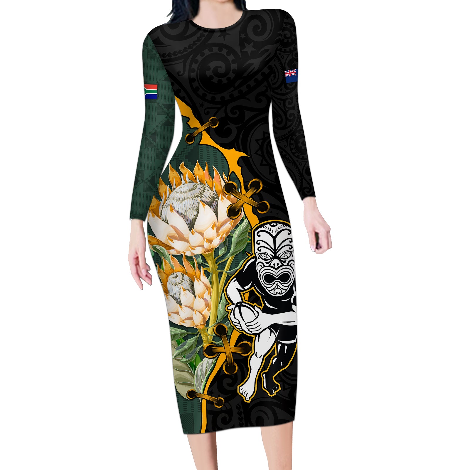 South Africa Protea and New Zealand Long Sleeve Bodycon Dress Go All Black-Springboks Rugby with Kente And Maori LT9 Long Dress Black Green - Polynesian Pride