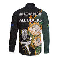 South Africa Protea and New Zealand Long Sleeve Button Shirt Go All Black-Springboks Rugby with Kente And Maori LT9 - Polynesian Pride