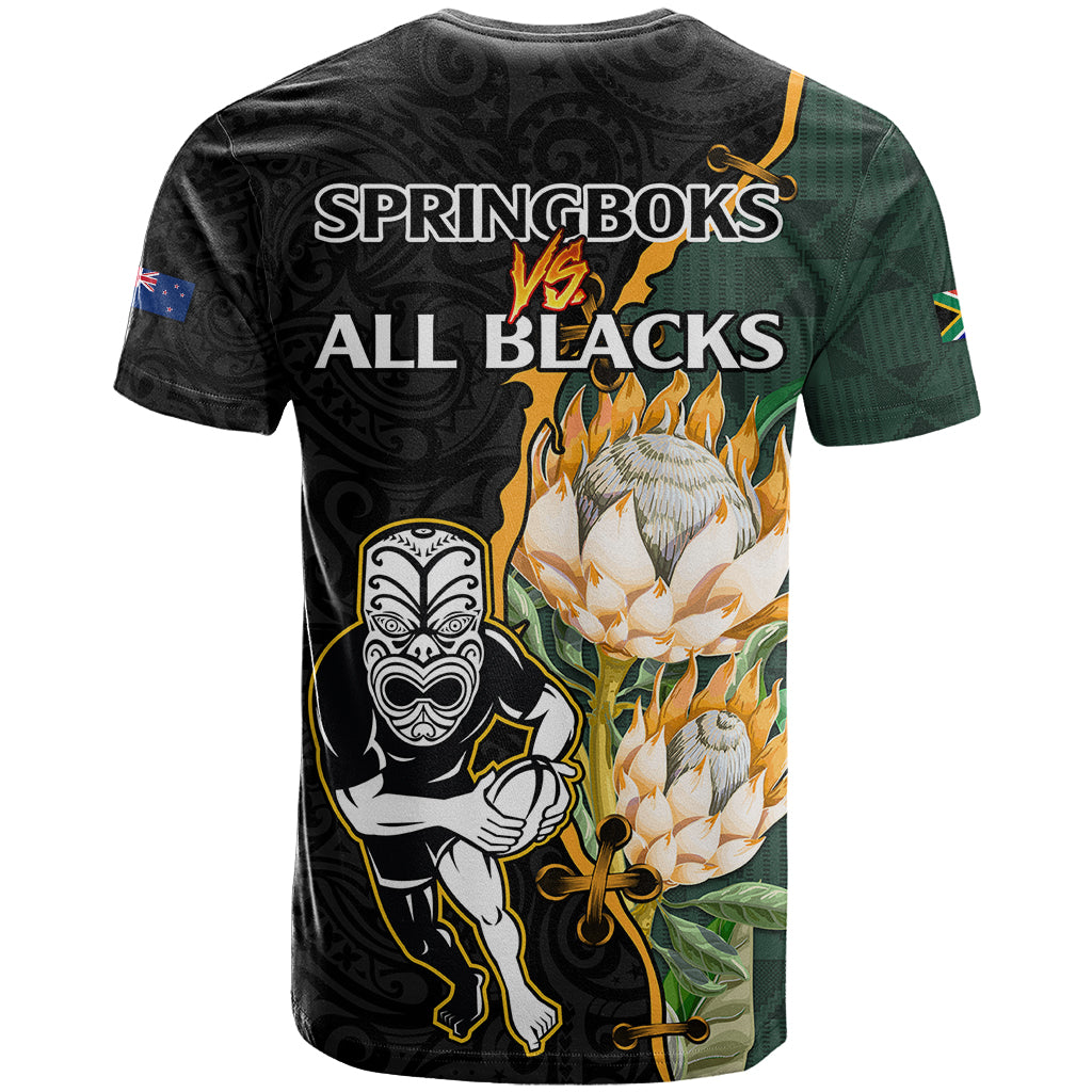 South Africa Protea and New Zealand T Shirt Go All Black-Springboks Rugby with Kente And Maori LT9 - Polynesian Pride