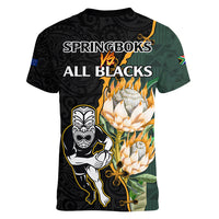 South Africa Protea and New Zealand Women V Neck T Shirt Go All Black-Springboks Rugby with Kente And Maori LT9 - Polynesian Pride
