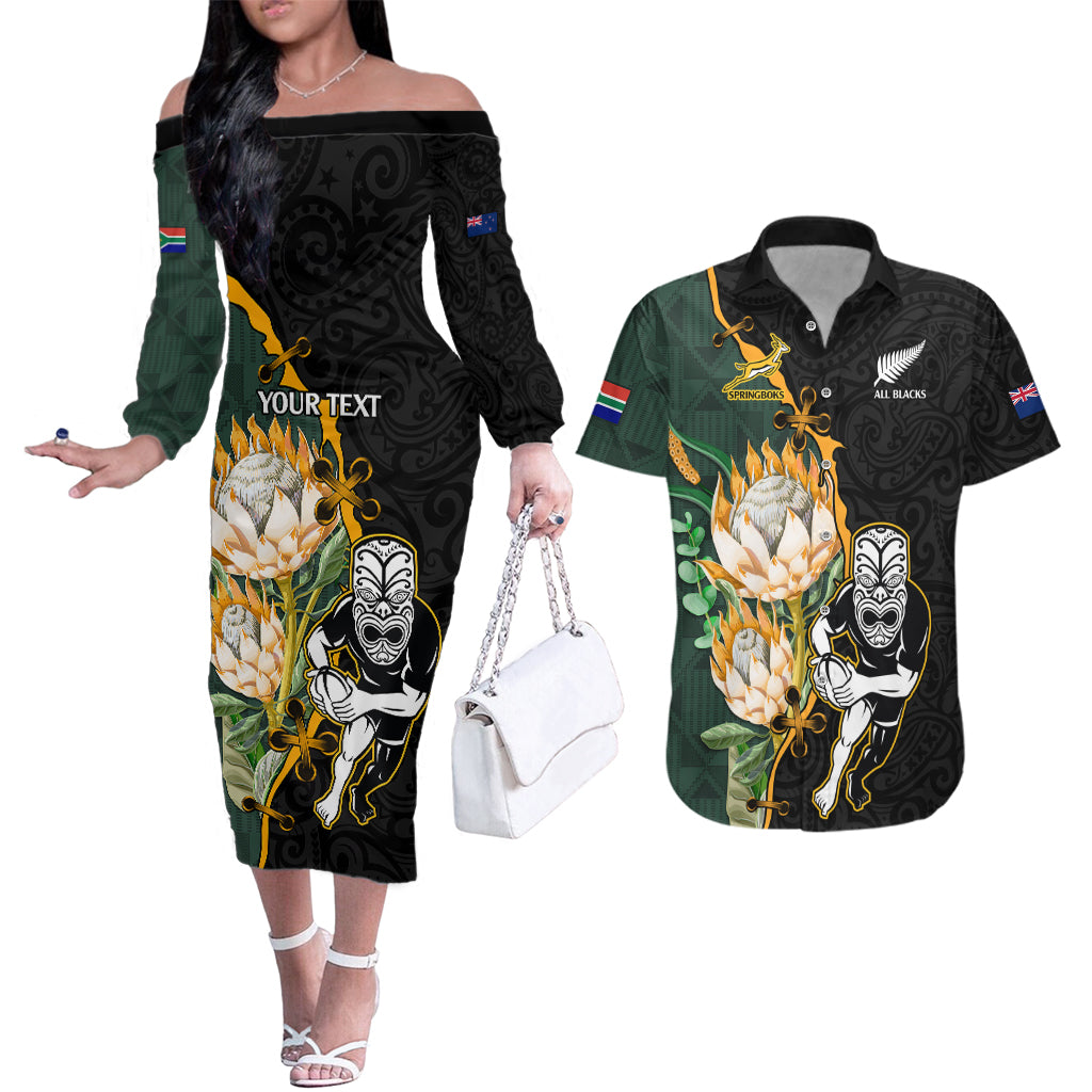 Custom South Africa Protea and New Zealand Couples Matching Off The Shoulder Long Sleeve Dress and Hawaiian Shirt Go All Black-Springboks Rugby with Kente And Maori LT9 Black Green - Polynesian Pride