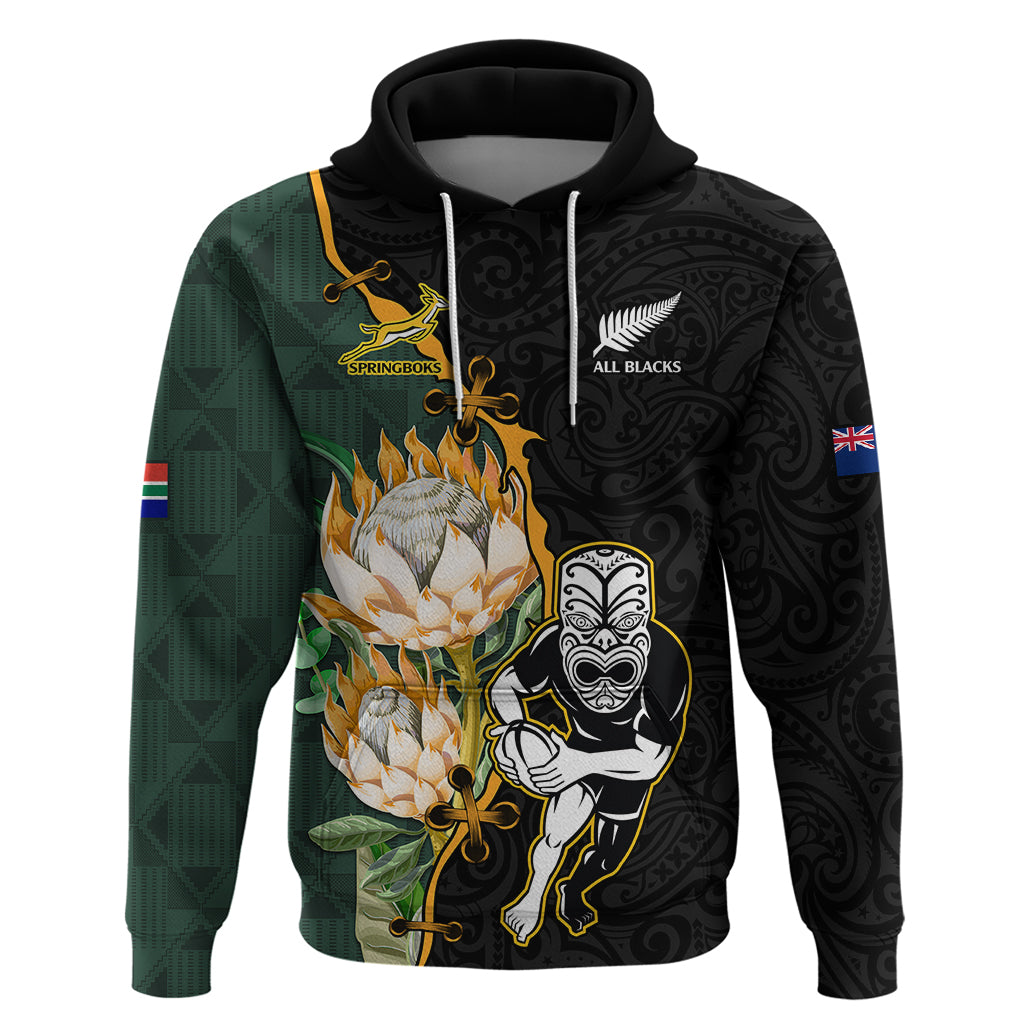 Custom South Africa Protea and New Zealand Hoodie Dress Go All Black-Springboks Rugby with Kente And Maori LT9 Black Green - Polynesian Pride