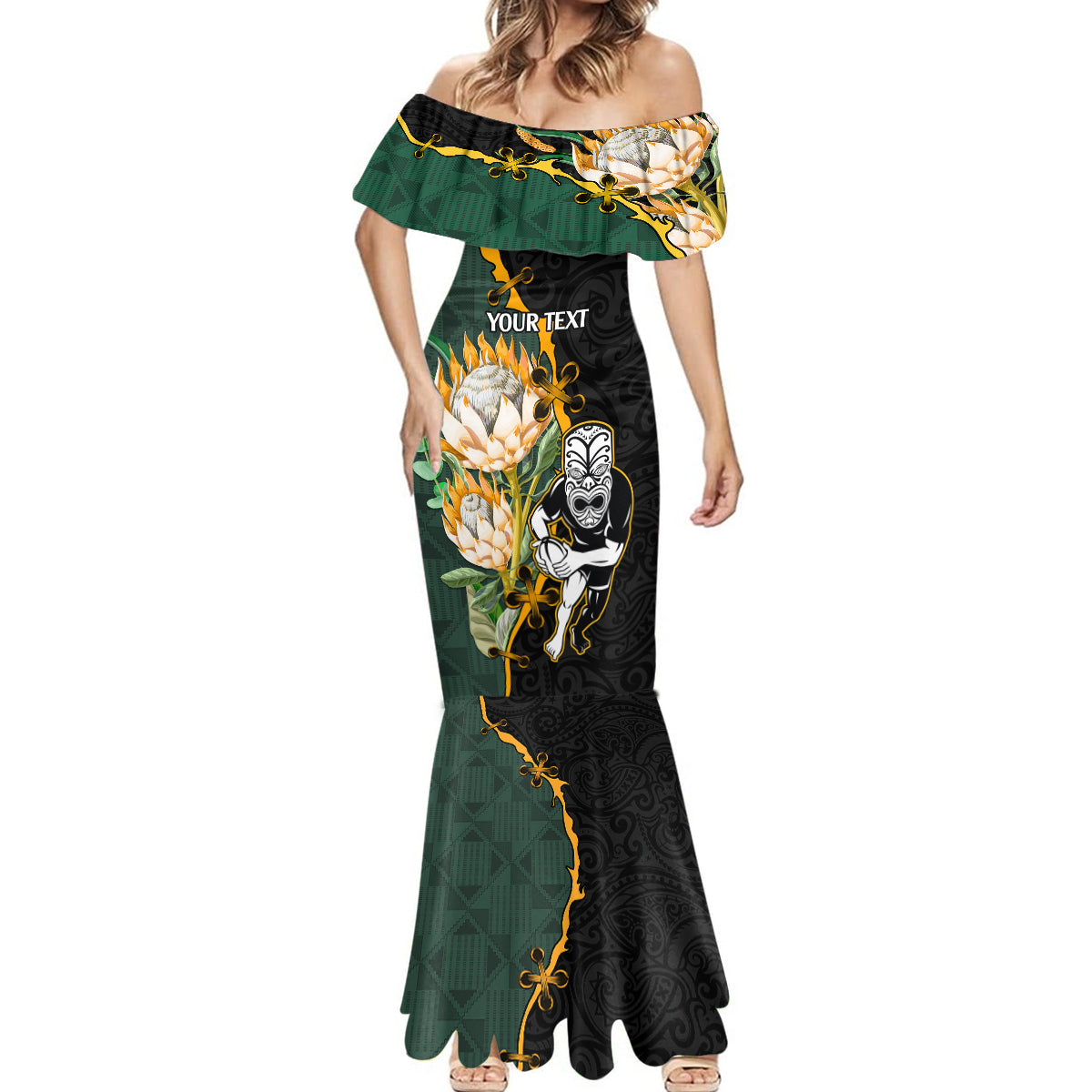 Custom South Africa Protea and New Zealand Mermaid Dress Go All Black-Springboks Rugby with Kente And Maori LT9 - Polynesian Pride