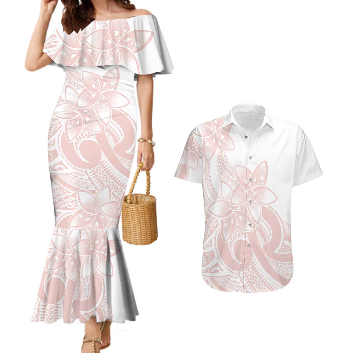 Polynesian Tribal Plumeria Lotu Tamaiti Couples Matching Mermaid Dress and Hawaiian Shirt Pastel Blush - Polynesian Pride