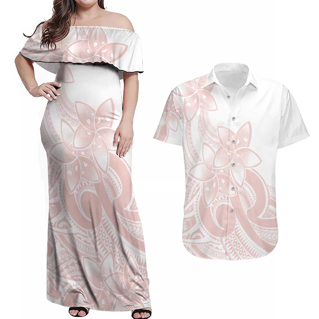 Polynesian Tribal Plumeria Lotu Tamaiti Couples Matching Off Shoulder Maxi Dress and Hawaiian Shirt Pastel Blush - Polynesian Pride