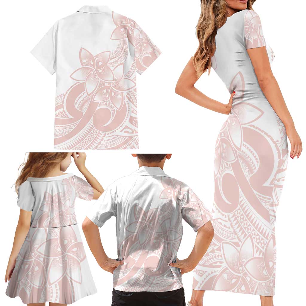 Polynesian Tribal Plumeria Lotu Tamaiti Family Matching Short Sleeve Bodycon Dress and Hawaiian Shirt Pastel Blush - Polynesian Pride