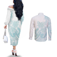 Polynesian Tribal Plumeria Lotu Tamaiti Couples Matching Off The Shoulder Long Sleeve Dress and Long Sleeve Button Shirt Pastel Cyan LT9 - Polynesian Pride