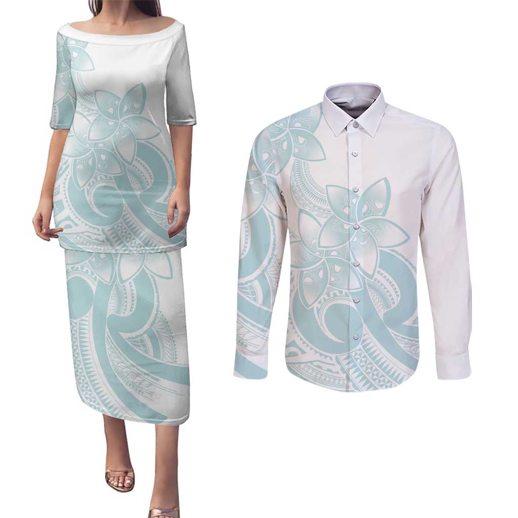Polynesian Tribal Plumeria Lotu Tamaiti Couples Matching Puletasi and Long Sleeve Button Shirt Pastel Cyan LT9 Cyan - Polynesian Pride