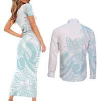 Polynesian Tribal Plumeria Lotu Tamaiti Couples Matching Short Sleeve Bodycon Dress and Long Sleeve Button Shirt Pastel Cyan LT9 - Polynesian Pride