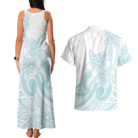 Polynesian Tribal Plumeria Lotu Tamaiti Couples Matching Tank Maxi Dress and Hawaiian Shirt Pastel Cyan - Polynesian Pride