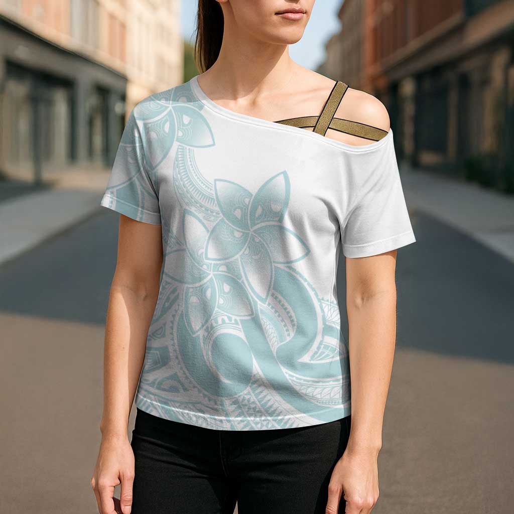 Polynesian Tribal Plumeria Lotu Tamaiti Cross Shoulder Shirt Pastel Cyan LT9 - Polynesian Pride
