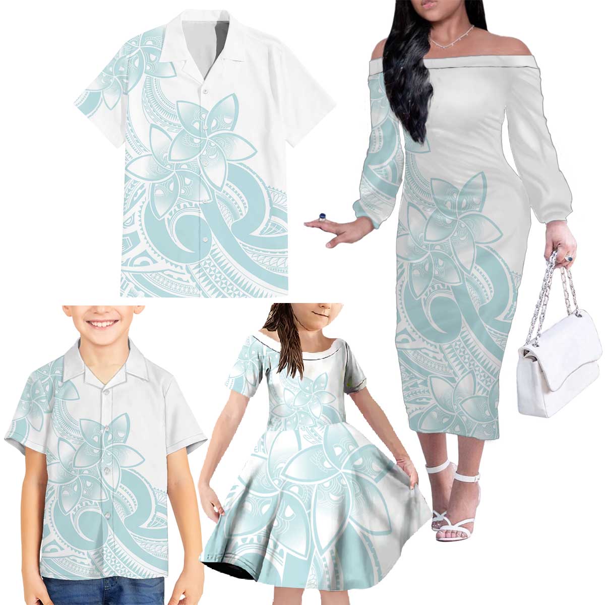 Polynesian Tribal Plumeria Lotu Tamaiti Family Matching Off The Shoulder Long Sleeve Dress and Hawaiian Shirt Pastel Cyan - Polynesian Pride
