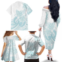 Polynesian Tribal Plumeria Lotu Tamaiti Family Matching Off The Shoulder Long Sleeve Dress and Hawaiian Shirt Pastel Cyan - Polynesian Pride