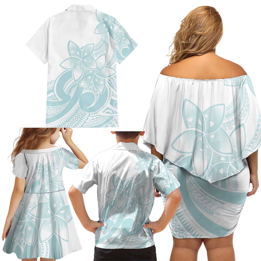 Polynesian Tribal Plumeria Lotu Tamaiti Family Matching Off Shoulder Short Dress and Hawaiian Shirt Pastel Cyan LT9 - Polynesian Pride
