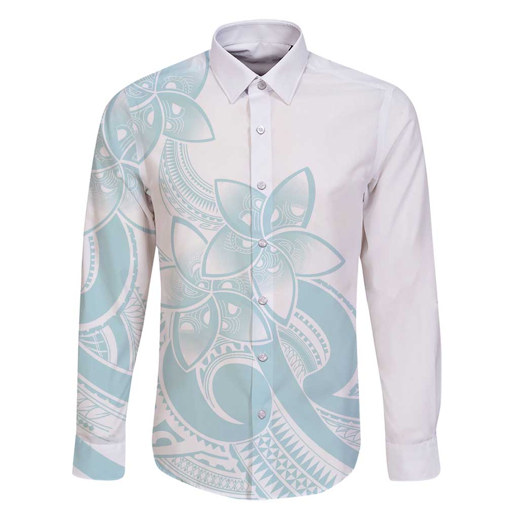 Polynesian Tribal Plumeria Lotu Tamaiti Family Matching Off Shoulder Short Dress and Hawaiian Shirt Pastel Cyan LT9 Dad's Shirt - Long Sleeve Cyan - Polynesian Pride