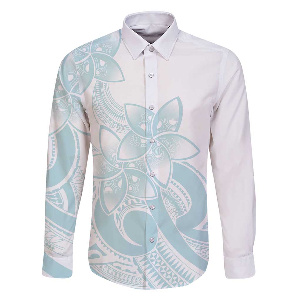 Polynesian Tribal Plumeria Lotu Tamaiti Family Matching Puletasi and Hawaiian Shirt Pastel Cyan LT9 Dad's Shirt - Long Sleeve Cyan - Polynesian Pride