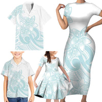 Polynesian Tribal Plumeria Lotu Tamaiti Family Matching Short Sleeve Bodycon Dress and Hawaiian Shirt Pastel Cyan - Polynesian Pride