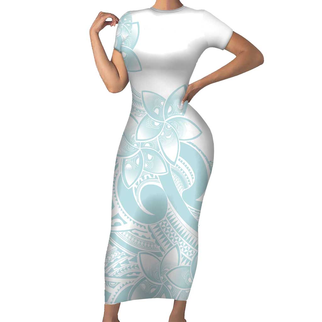 Polynesian Tribal Plumeria Lotu Tamaiti Family Matching Short Sleeve Bodycon Dress and Hawaiian Shirt Pastel Cyan - Polynesian Pride