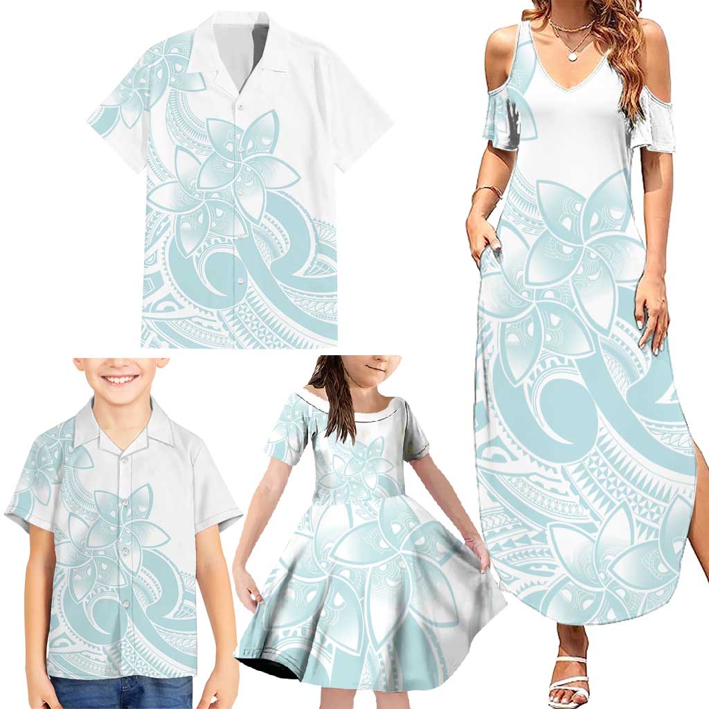 Polynesian Tribal Plumeria Lotu Tamaiti Family Matching Summer Maxi Dress and Hawaiian Shirt Pastel Cyan - Polynesian Pride
