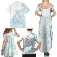 Polynesian Tribal Plumeria Lotu Tamaiti Family Matching Summer Maxi Dress and Hawaiian Shirt Pastel Cyan - Polynesian Pride