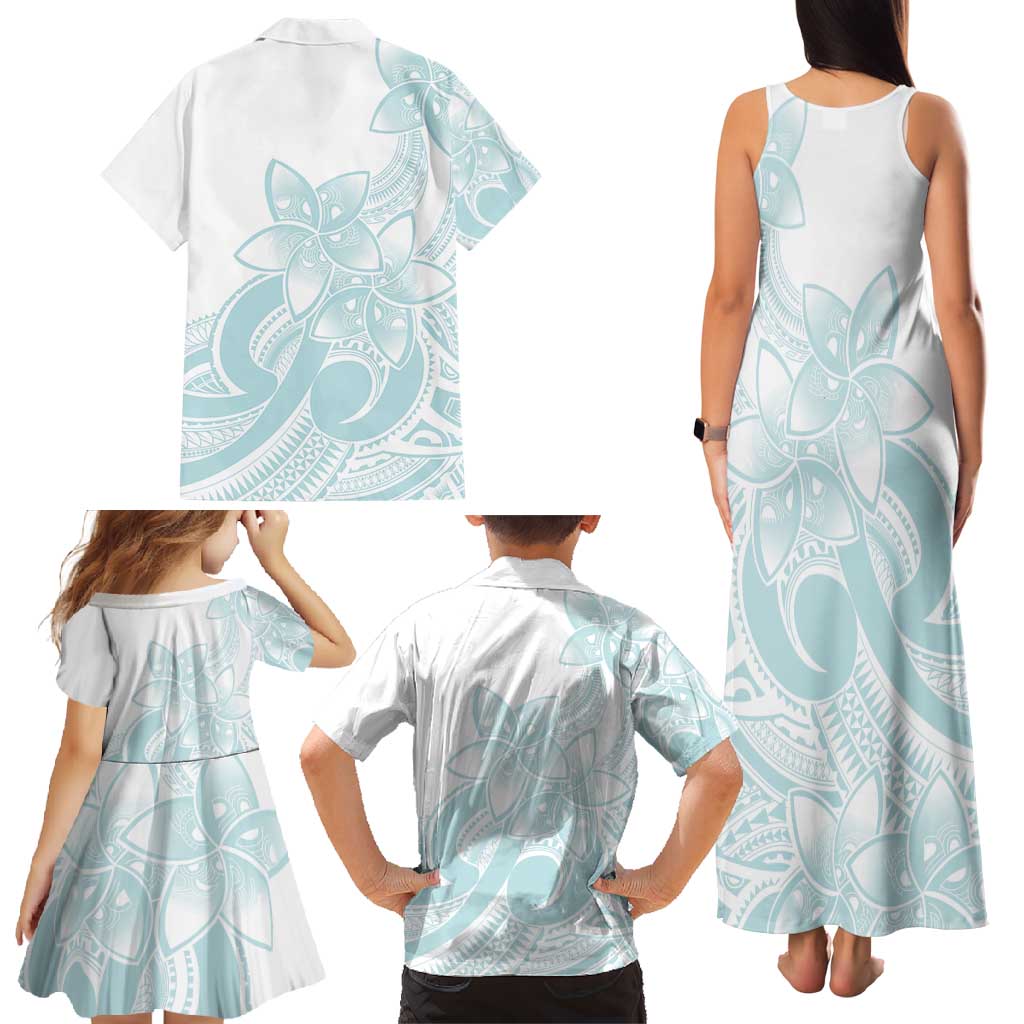 Polynesian Tribal Plumeria Lotu Tamaiti Family Matching Tank Maxi Dress and Hawaiian Shirt Pastel Cyan - Polynesian Pride