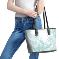 Polynesian Tribal Plumeria Lotu Tamaiti Leather Tote Bag Pastel Cyan - Polynesian Pride