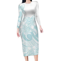 Polynesian Tribal Plumeria Lotu Tamaiti Long Sleeve Bodycon Dress Pastel Cyan - Polynesian Pride