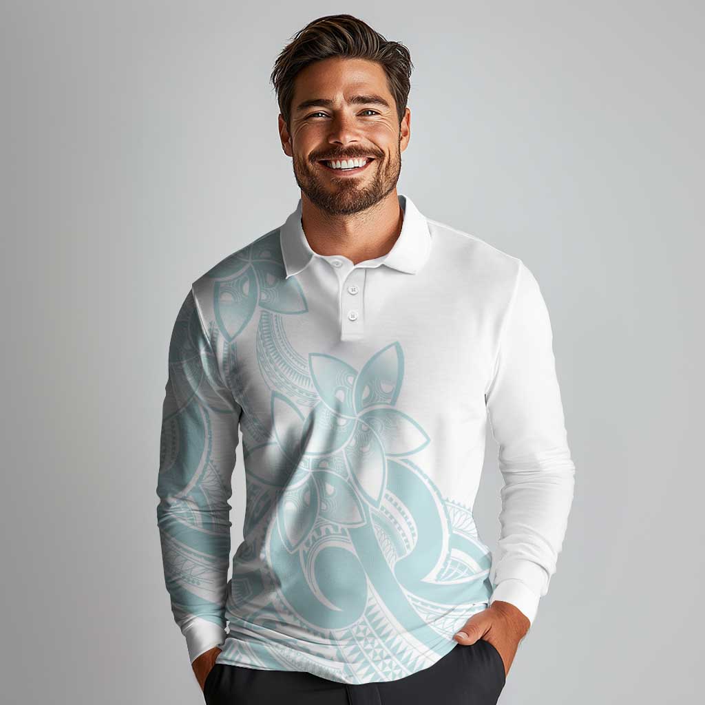Polynesian Tribal Plumeria Lotu Tamaiti Long Sleeve Polo Shirt Pastel Cyan LT9 - Polynesian Pride