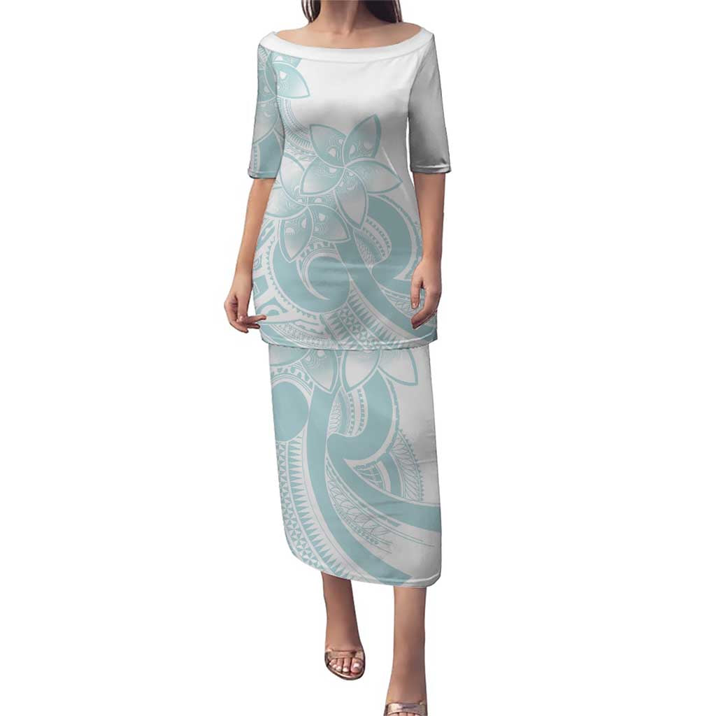 Polynesian Tribal Plumeria Lotu Tamaiti Puletasi Pastel Cyan LT9 Long Dress Cyan - Polynesian Pride