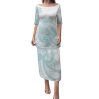 Polynesian Tribal Plumeria Lotu Tamaiti Puletasi Pastel Cyan LT9 Long Dress Cyan - Polynesian Pride