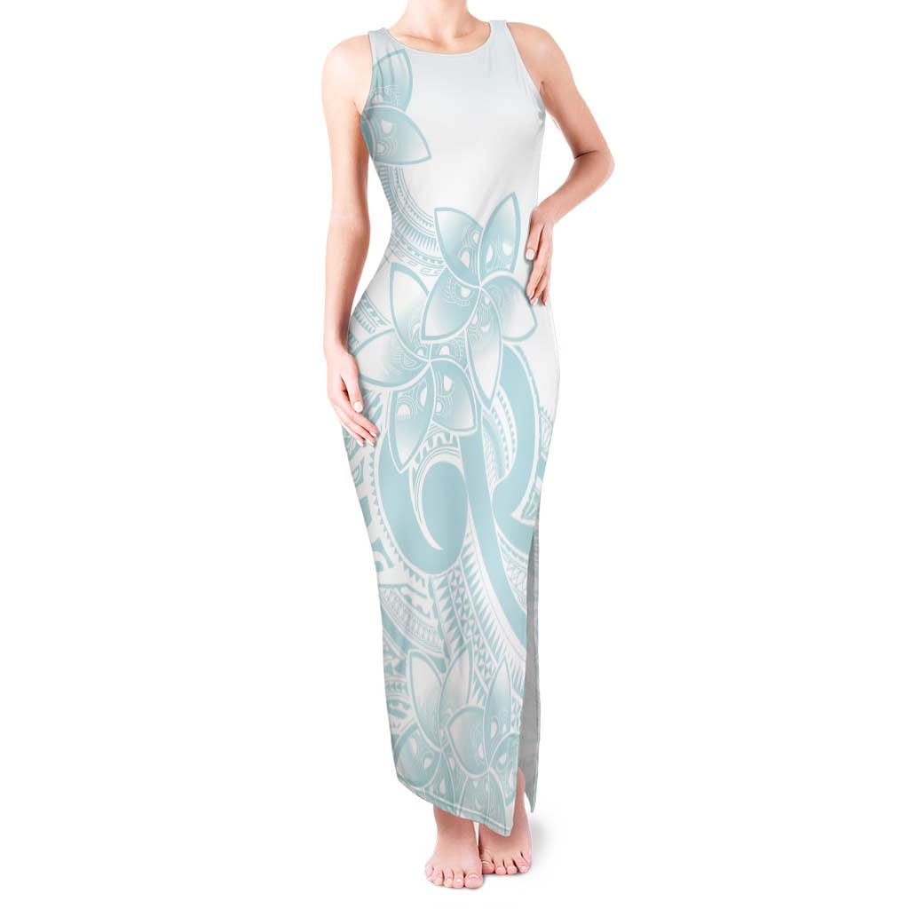 Polynesian Tribal Plumeria Lotu Tamaiti Tank Maxi Dress Pastel Cyan - Polynesian Pride