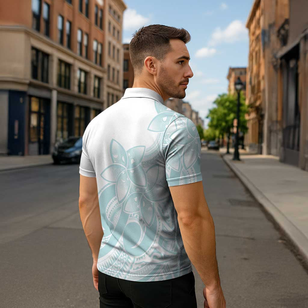 Polynesian Tribal Plumeria Lotu Tamaiti Zipper Polo Shirt Pastel Cyan - Polynesian Pride