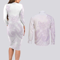 Polynesian Tribal Plumeria Lotu Tamaiti Couples Matching Long Sleeve Bodycon Dress and Long Sleeve Button Shirt Pastel Mauve LT9 - Polynesian Pride