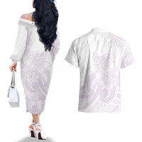 Polynesian Tribal Plumeria Lotu Tamaiti Couples Matching Off The Shoulder Long Sleeve Dress and Hawaiian Shirt Pastel Mauve - Polynesian Pride