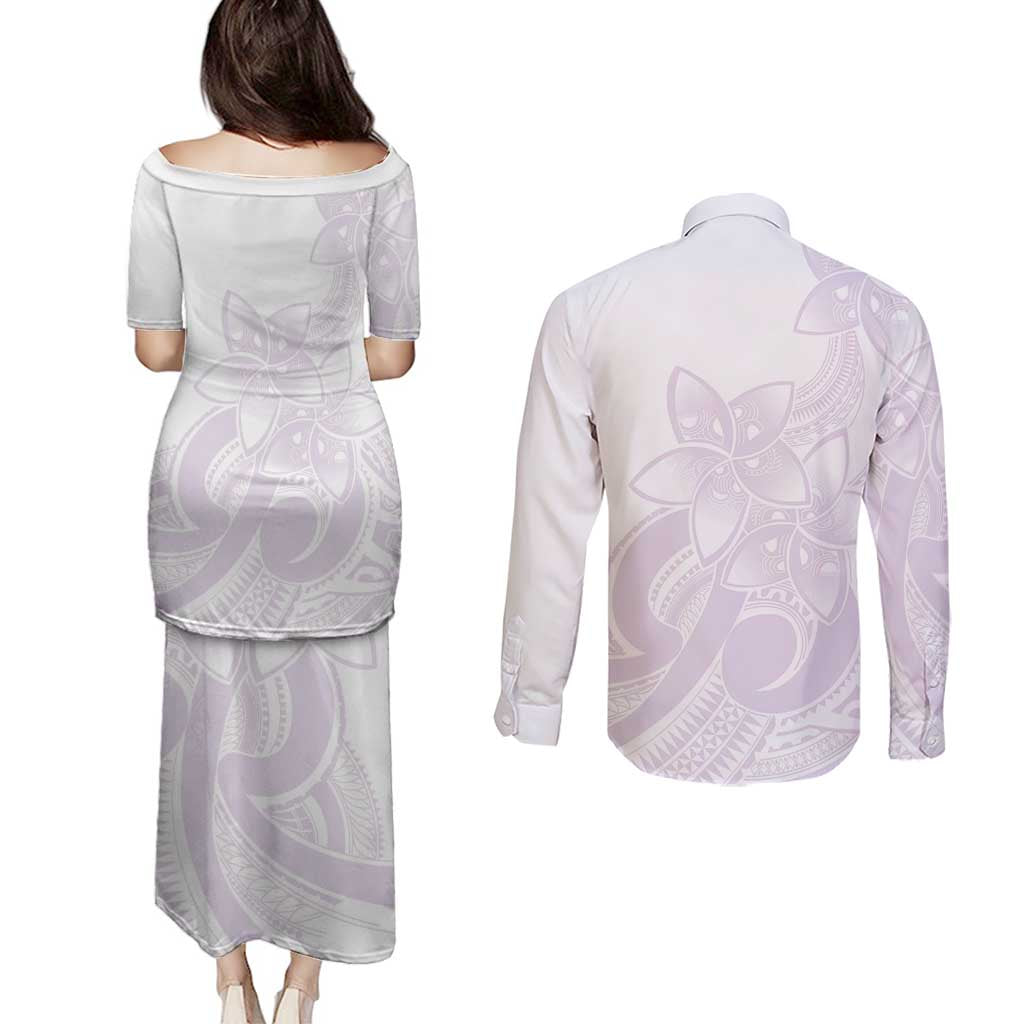 Polynesian Tribal Plumeria Lotu Tamaiti Couples Matching Puletasi and Long Sleeve Button Shirt Pastel Mauve - Polynesian Pride