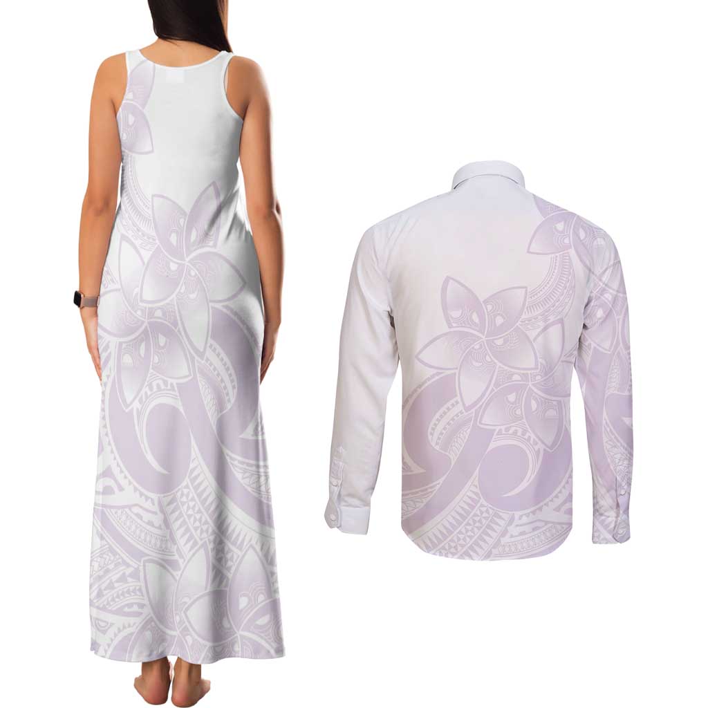 Polynesian Tribal Plumeria Lotu Tamaiti Couples Matching Tank Maxi Dress and Long Sleeve Button Shirt Pastel Mauve - Polynesian Pride
