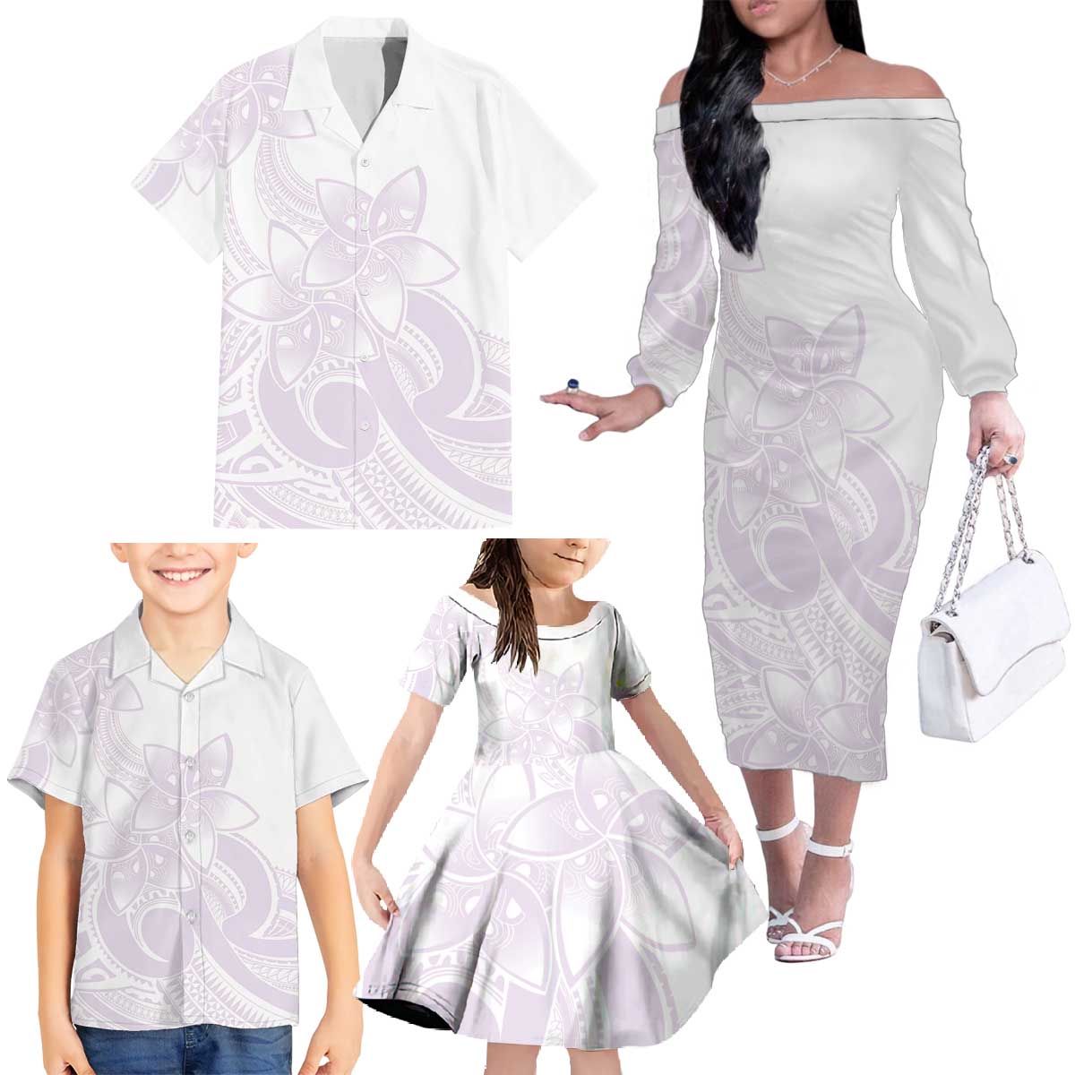 Polynesian Tribal Plumeria Lotu Tamaiti Family Matching Off The Shoulder Long Sleeve Dress and Hawaiian Shirt Pastel Mauve - Polynesian Pride