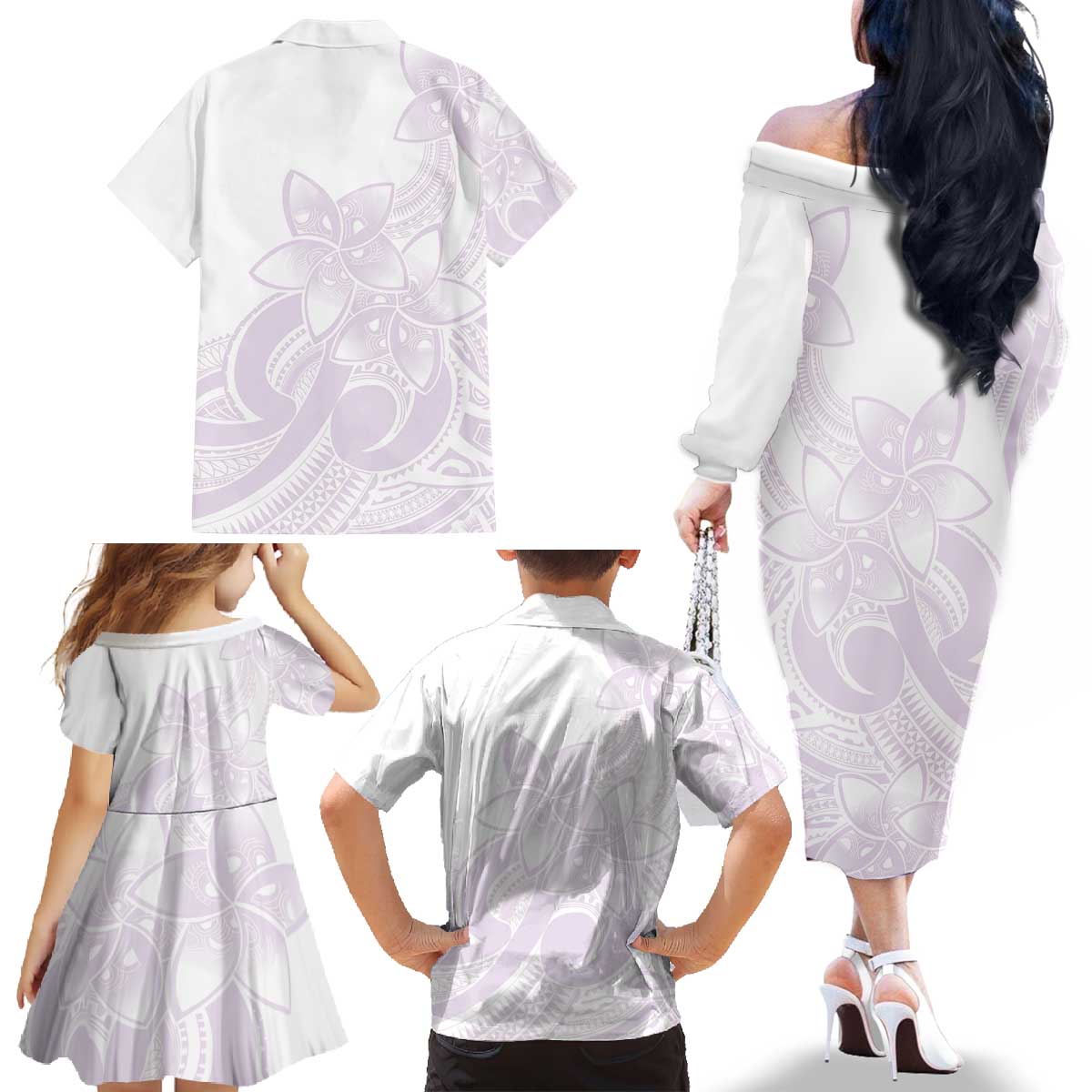 Polynesian Tribal Plumeria Lotu Tamaiti Family Matching Off The Shoulder Long Sleeve Dress and Hawaiian Shirt Pastel Mauve - Polynesian Pride