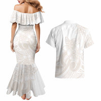 Polynesian Tribal Plumeria Lotu Tamaiti Couples Matching Mermaid Dress and Hawaiian Shirt Pastel Nude - Polynesian Pride