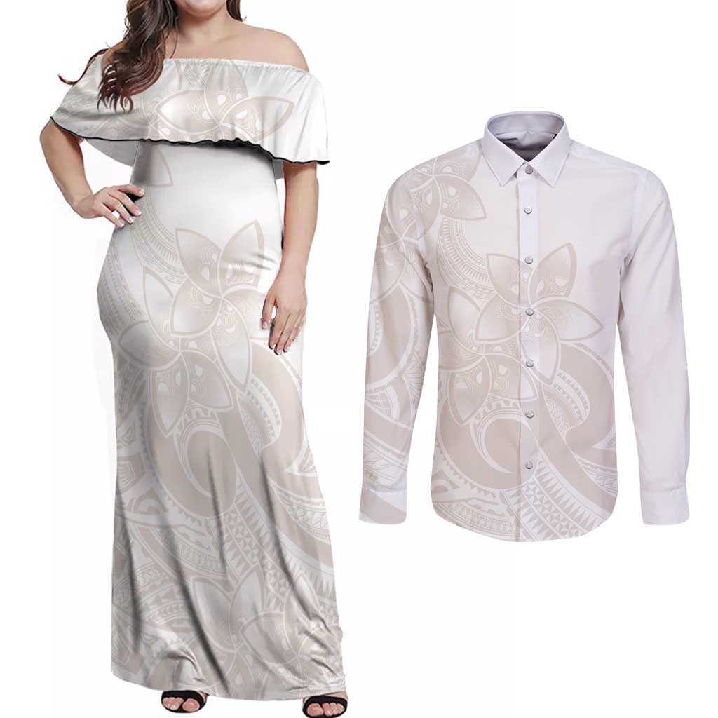 Polynesian Tribal Plumeria Lotu Tamaiti Couples Matching Off Shoulder Maxi Dress and Long Sleeve Button Shirt Pastel Nude - Polynesian Pride